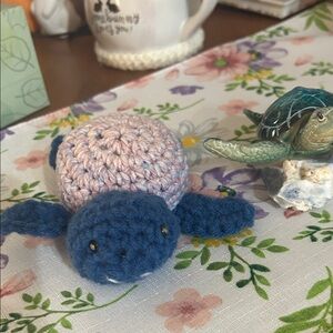 Handmade Crocheted Blue and Pastel Stuffed Tommy Turtle Plush